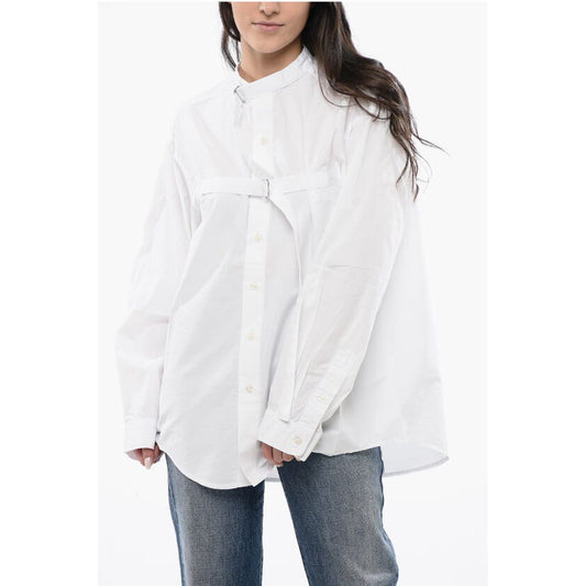 R13 Solid Color Mandarin Collar Shirt with Belt Details