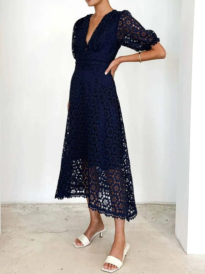 Eyelet Lace V-Neck Midi Dress with Puff Sleeves Crimson Medea