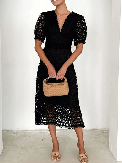 Eyelet Lace V-Neck Midi Dress with Puff Sleeves Crimson Medea
