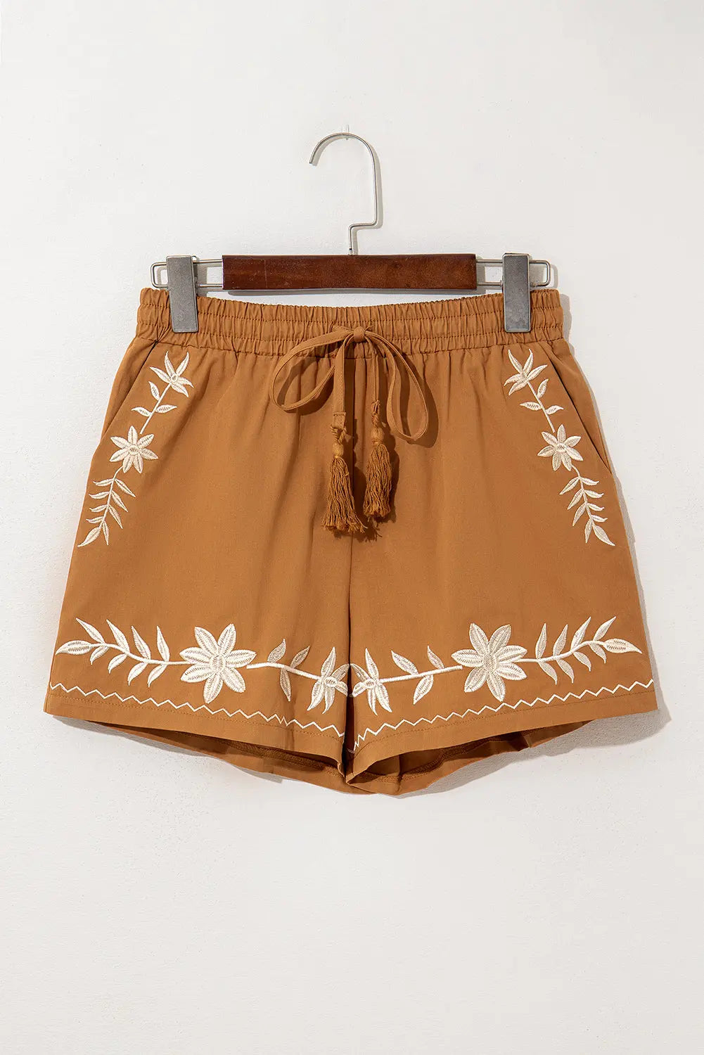 Khaki Embroidered Boho Tasseled Drawstring Elastic Waistband Casual shorts Dear-Lover Dropshipping