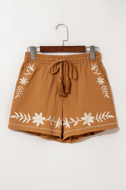 Khaki Embroidered Boho Tasseled Drawstring Elastic Waistband Casual shorts Dear-Lover Dropshipping