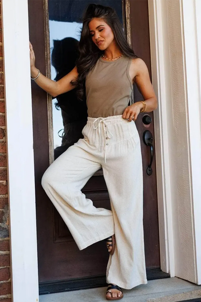 Jet Stream Drawstring Elastic Waist Button Pleated Detail Wide Leg Pants Dear-Lover Dropshipping