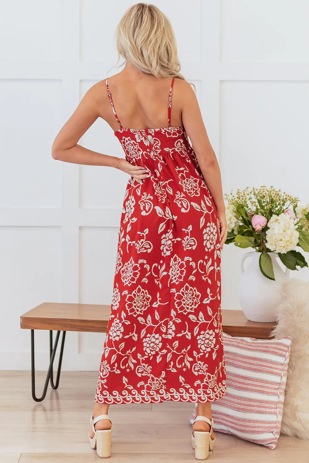 Red Floral Printed Spaghetti Strap Empire Waist Maxi Dress Dear-Lover Dropshipping