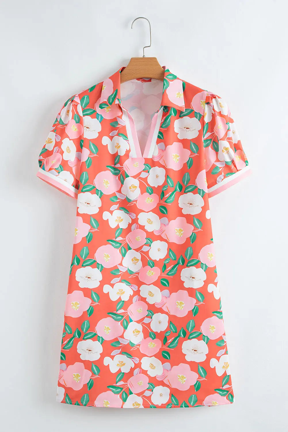 Fresh Salmon Floral Print Contrast Striped Trim Polo Collar T Shirt Dress Dear-Lover Dropshipping