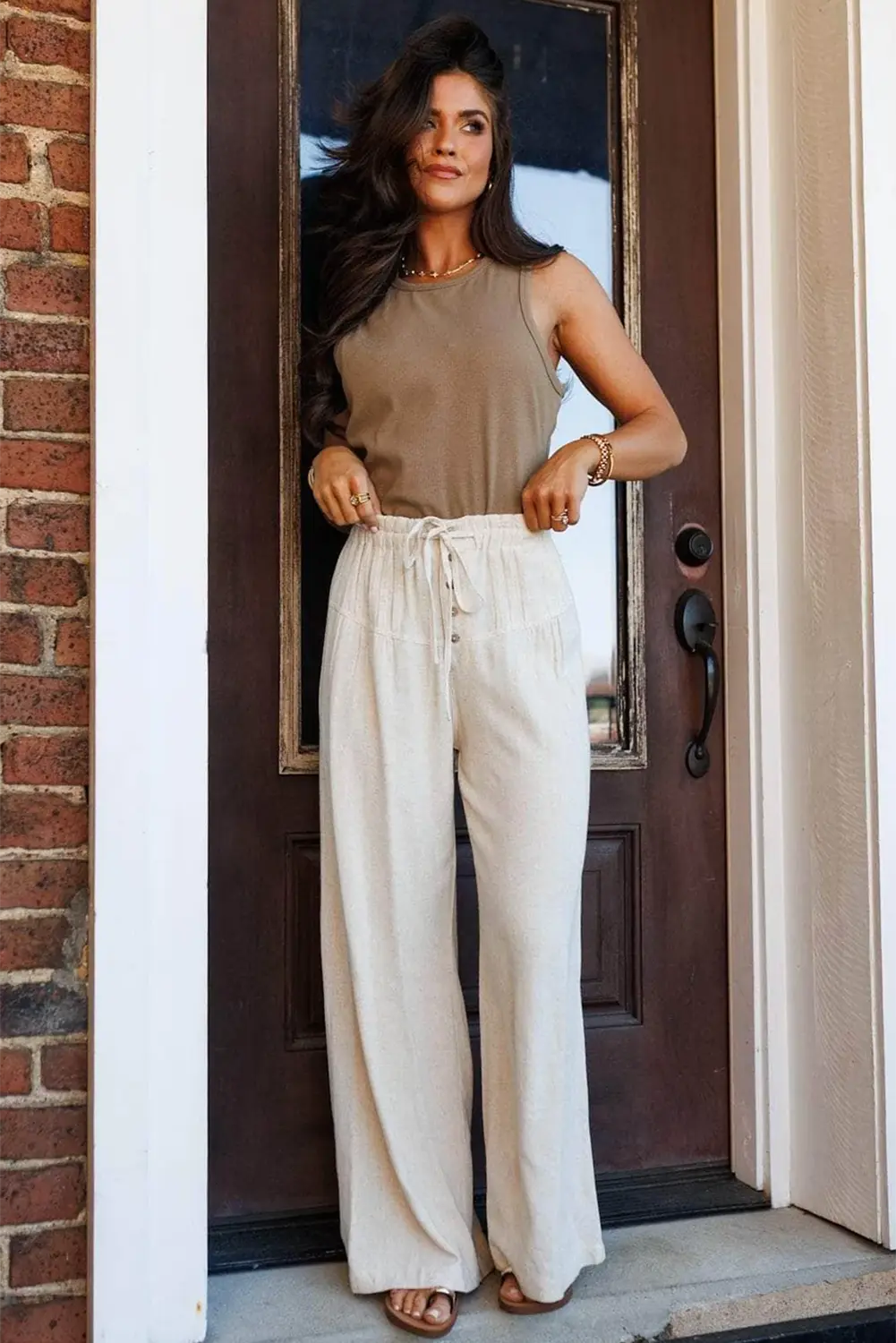 Jet Stream Drawstring Elastic Waist Button Pleated Detail Wide Leg Pants Dear-Lover Dropshipping