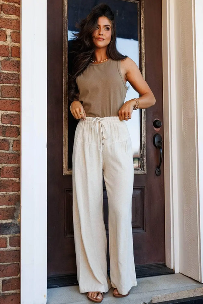 Jet Stream Drawstring Elastic Waist Button Pleated Detail Wide Leg Pants Dear-Lover Dropshipping