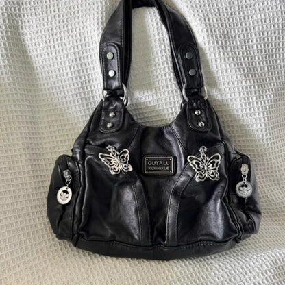 Xiuya Y2K Black Womens Shoulder Bag Gothic Original Advanced Fashion Tote Bag Large Capacity Leather Motorcycle Vintage Handbag