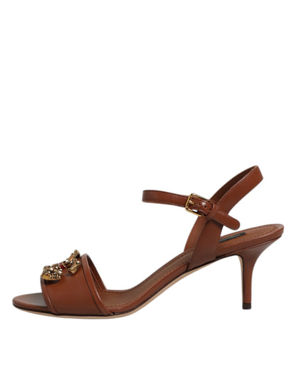 Dolce & Gabbana Brown Leather Logo Heel Sandals Shoes