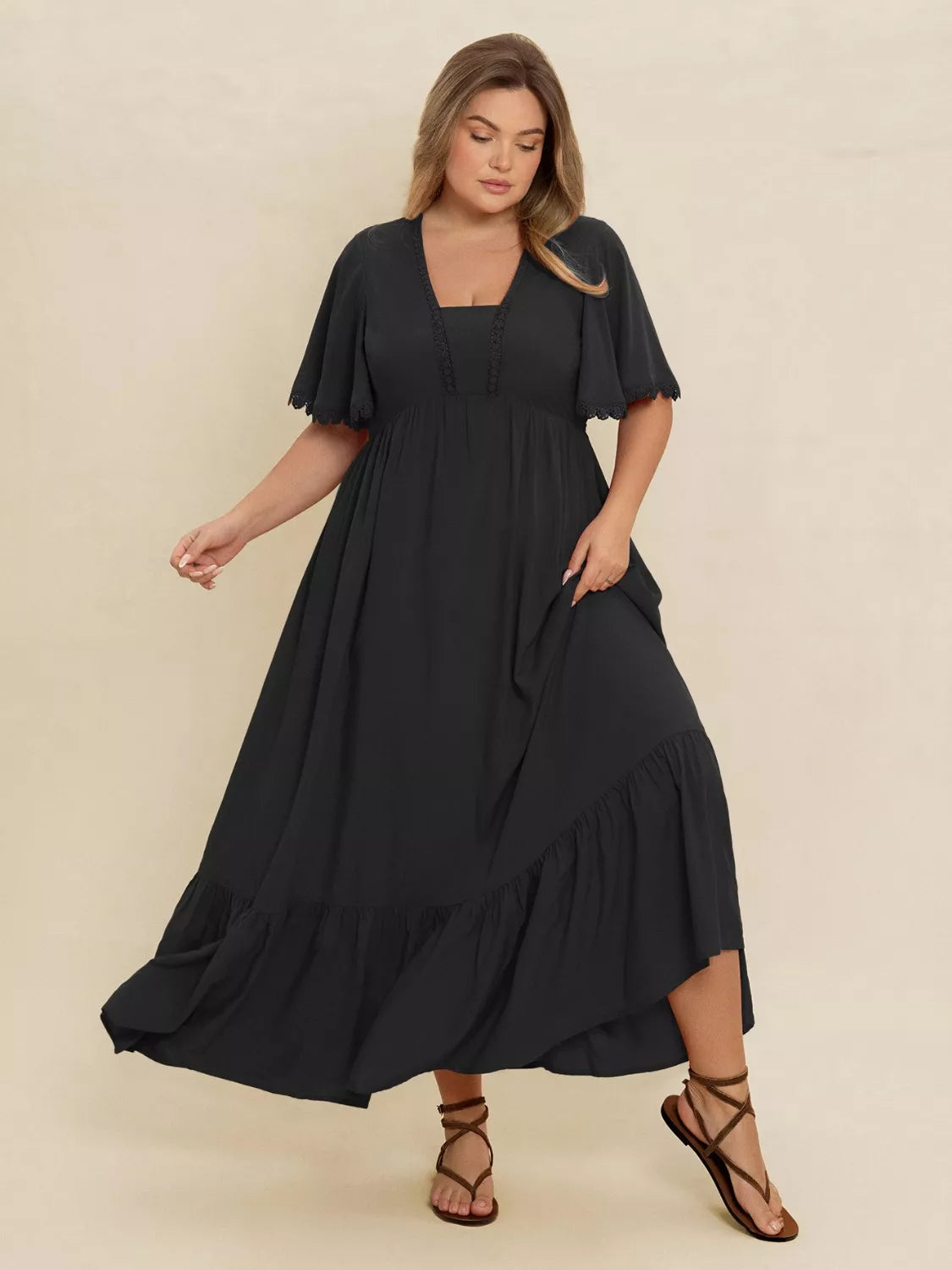 Plus Size Boho Ruffled Maxi Dress with Flutter Sleeves