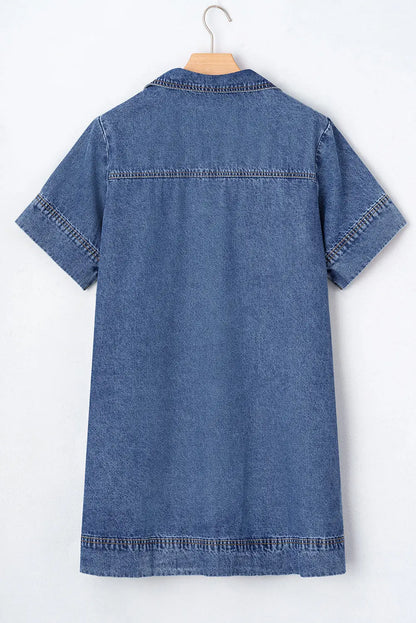 Blue Short Sleeve Collared Patched Pocket Denim Mini Dress Dear-Lover Dropshipping