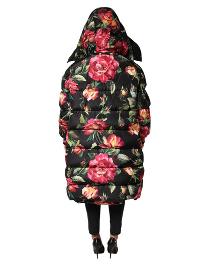 Dolce & Gabbana Black Floral Print Puffer Long Coat Jacket