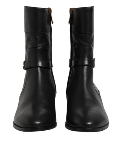 Dolce & Gabbana Black Leather Flats Logo Short Boots Shoes