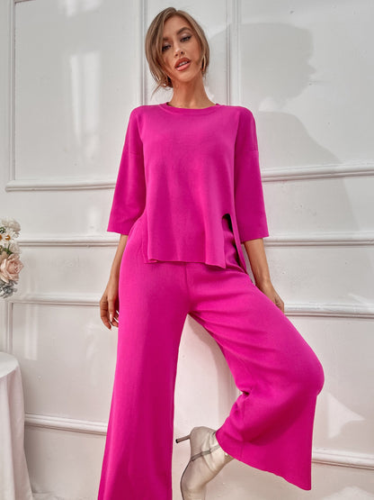 Women's Knitted Ice Silk Two-piece Suit Split Round-neck High Waist