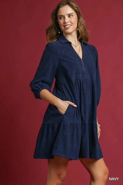 Umgee Tiered Corduroy Mini Dress with Balloon Sleeves Crimson Medea