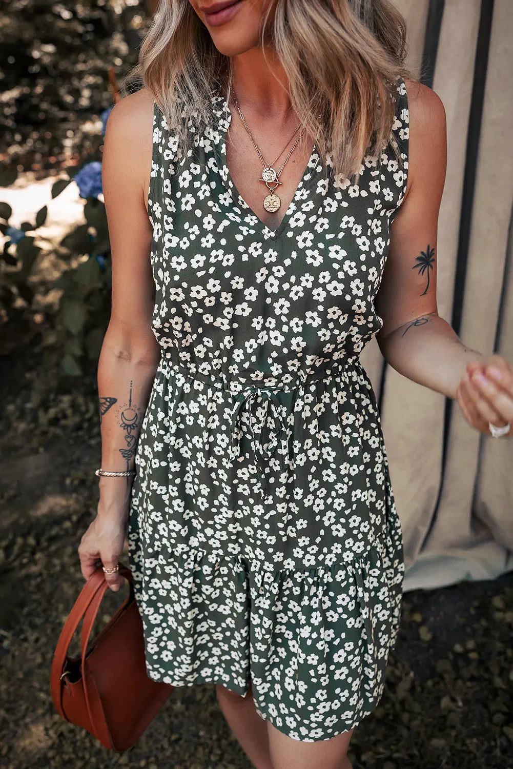Green Boho Floral Print V Neck Tunic Sleeveless Dress Dear-Lover Dropshipping