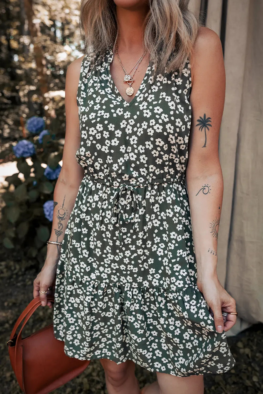 Green Boho Floral Print V Neck Tunic Sleeveless Dress Dear-Lover Dropshipping