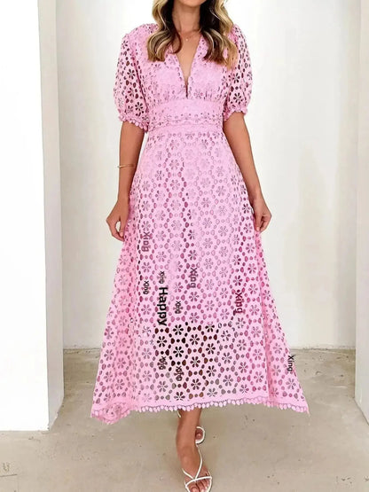 Eyelet Lace V-Neck Midi Dress with Puff Sleeves Crimson Medea
