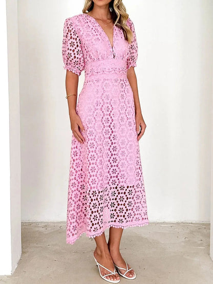 Eyelet Lace V-Neck Midi Dress with Puff Sleeves Crimson Medea