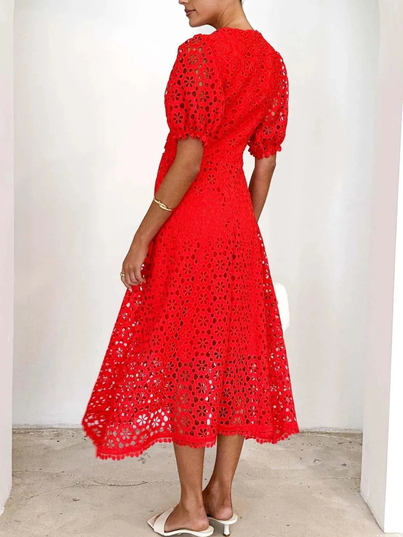 Eyelet Lace V-Neck Midi Dress with Puff Sleeves Crimson Medea