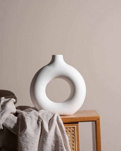 Modern Nordic Circle Ceramic Vase – Minimalist Hollow Sculpture Vessel