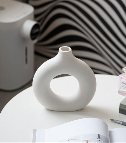 Modern Nordic Circle Ceramic Vase – Minimalist Hollow Sculpture Vessel