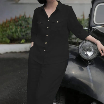 Women Elegant Lapel Neck Long Sleeve Shirt Pants Sets 2PCS Fashion Autumn Outifits Solid Work Trousers Suits Tracksuit