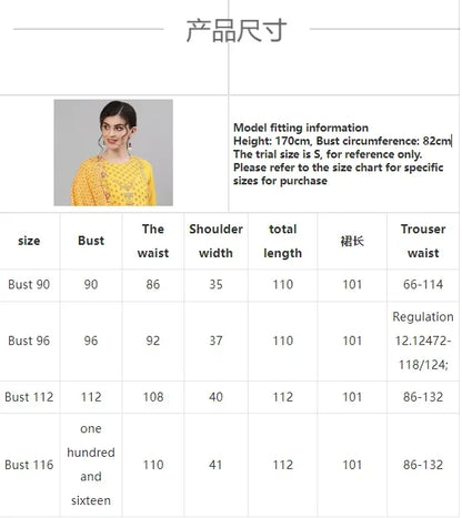 Indian Saree New Style Women's Indian Sari Suit Cotton Silk Round Neck Long Print Daily Casual Yellow Suit