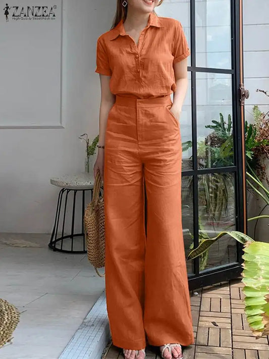 ZANZEA Summer Women Matching Sets OL Work Outfits Causal Short Sleeve Shirt Loose Wide Leg Pants Fashion Suit Urban Tracksuits