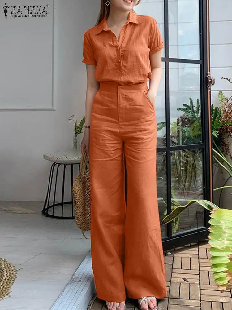 ZANZEA Summer Women Matching Sets OL Work Outfits Causal Short Sleeve Shirt Loose Wide Leg Pants Fashion Suit Urban Tracksuits