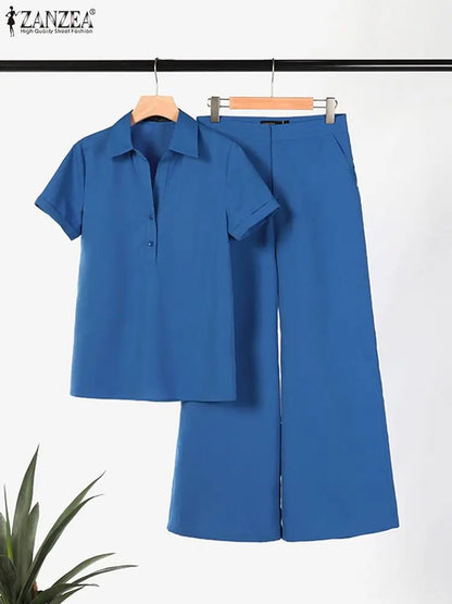 ZANZEA Summer Women Matching Sets OL Work Outfits Causal Short Sleeve Shirt Loose Wide Leg Pants Fashion Suit Urban Tracksuits