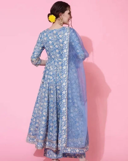 Indian Style Blue Pure Cotton Floral Dress With Printed Casual Daily Three Piece Set Shivering Indian Saree Indian Sari