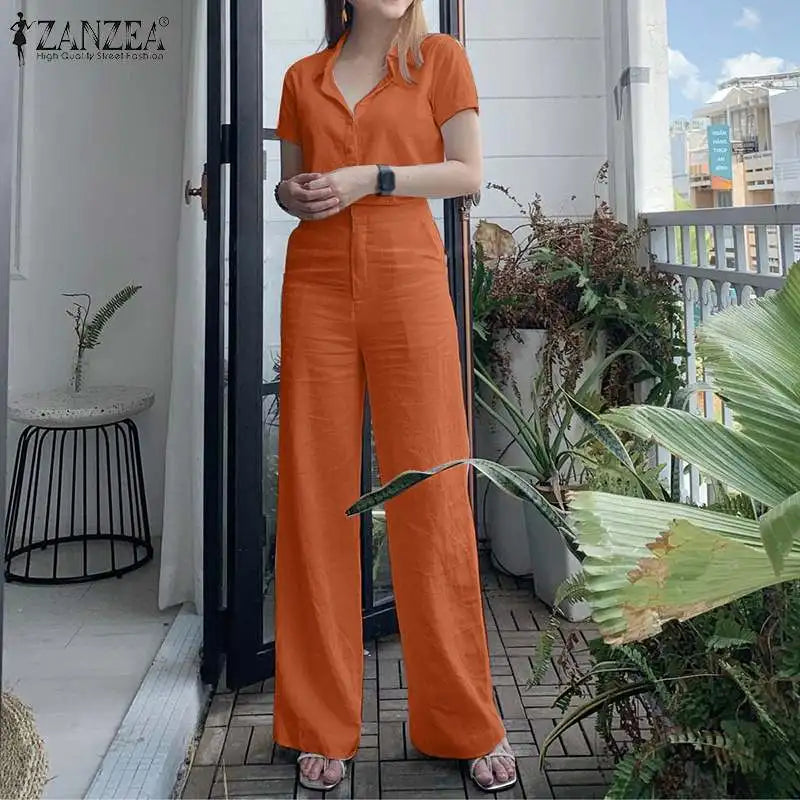 ZANZEA Summer Women Matching Sets OL Work Outfits Causal Short Sleeve Shirt Loose Wide Leg Pants Fashion Suit Urban Tracksuits