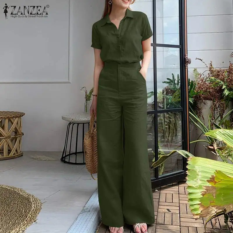 ZANZEA Summer Women Matching Sets OL Work Outfits Causal Short Sleeve Shirt Loose Wide Leg Pants Fashion Suit Urban Tracksuits