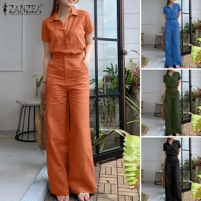 ZANZEA Summer Women Matching Sets OL Work Outfits Causal Short Sleeve Shirt Loose Wide Leg Pants Fashion Suit Urban Tracksuits