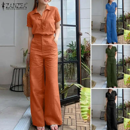 ZANZEA Summer Women Matching Sets OL Work Outfits Causal Short Sleeve Shirt Loose Wide Leg Pants Fashion Suit Urban Tracksuits