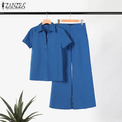 ZANZEA Summer Women Matching Sets OL Work Outfits Causal Short Sleeve Shirt Loose Wide Leg Pants Fashion Suit Urban Tracksuits