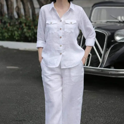 Women Elegant Lapel Neck Long Sleeve Shirt Pants Sets 2PCS Fashion Autumn Outifits Solid Work Trousers Suits Tracksuit