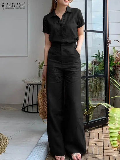 ZANZEA Summer Women Matching Sets OL Work Outfits Causal Short Sleeve Shirt Loose Wide Leg Pants Fashion Suit Urban Tracksuits