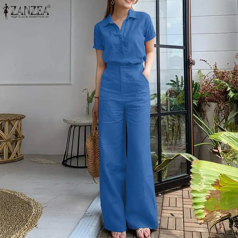 ZANZEA Summer Women Matching Sets OL Work Outfits Causal Short Sleeve Shirt Loose Wide Leg Pants Fashion Suit Urban Tracksuits
