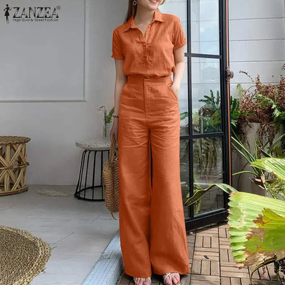 ZANZEA Summer Women Matching Sets OL Work Outfits Causal Short Sleeve Shirt Loose Wide Leg Pants Fashion Suit Urban Tracksuits