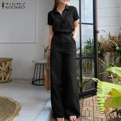 ZANZEA Summer Women Matching Sets OL Work Outfits Causal Short Sleeve Shirt Loose Wide Leg Pants Fashion Suit Urban Tracksuits