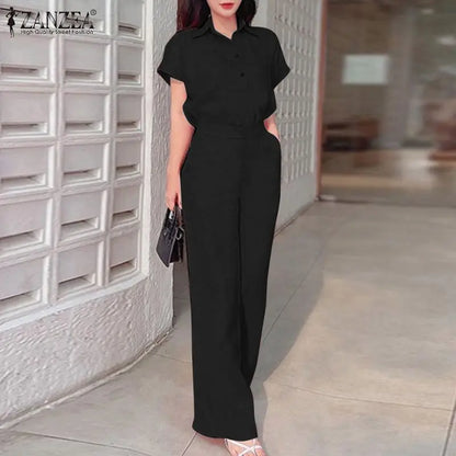 ZANZEA Summer Women Matching Sets OL Work Outfits Causal Short Sleeve Shirt Loose Wide Leg Pants Fashion Suit Urban Tracksuits