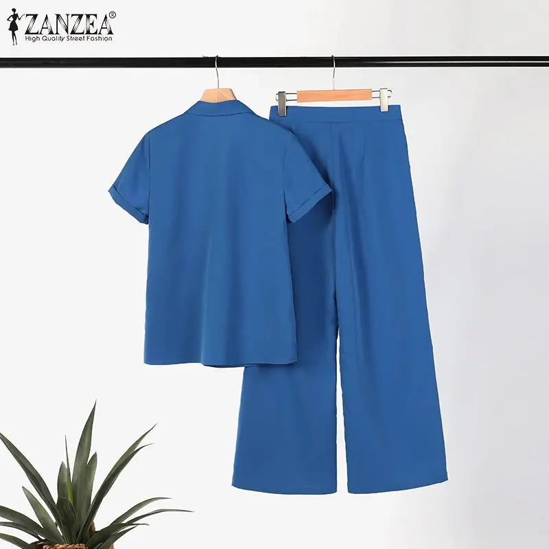 ZANZEA Summer Women Matching Sets OL Work Outfits Causal Short Sleeve Shirt Loose Wide Leg Pants Fashion Suit Urban Tracksuits