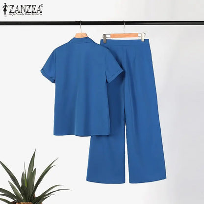 ZANZEA Summer Women Matching Sets OL Work Outfits Causal Short Sleeve Shirt Loose Wide Leg Pants Fashion Suit Urban Tracksuits