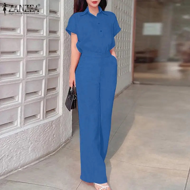 ZANZEA Summer Women Matching Sets OL Work Outfits Causal Short Sleeve Shirt Loose Wide Leg Pants Fashion Suit Urban Tracksuits