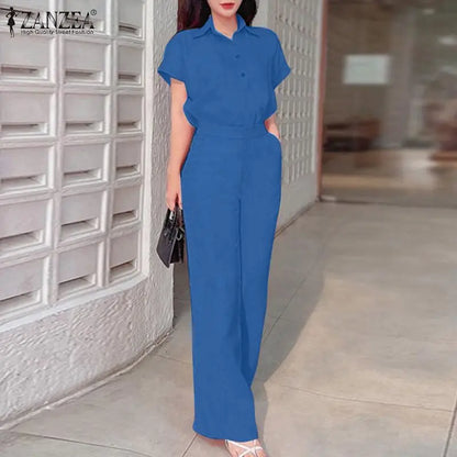 ZANZEA Summer Women Matching Sets OL Work Outfits Causal Short Sleeve Shirt Loose Wide Leg Pants Fashion Suit Urban Tracksuits