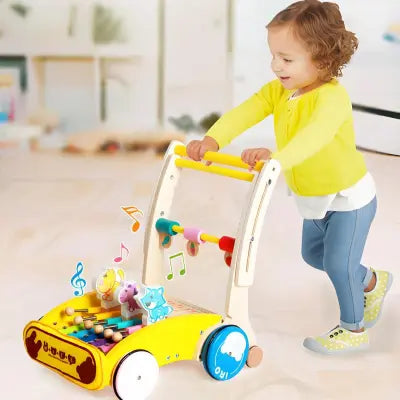 Wooden Baby Walker with Hammer-Action Xylophone – Push-Activated Musical Learning Toy for 6–18 Months (Yellow) Femina Worldwide
