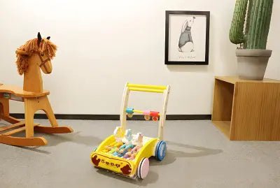 Wooden Baby Walker with Hammer-Action Xylophone – Push-Activated Musical Learning Toy for 6–18 Months (Yellow) Femina Worldwide