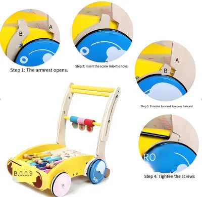 Wooden Baby Walker with Hammer-Action Xylophone – Push-Activated Musical Learning Toy for 6–18 Months (Yellow) Femina Worldwide