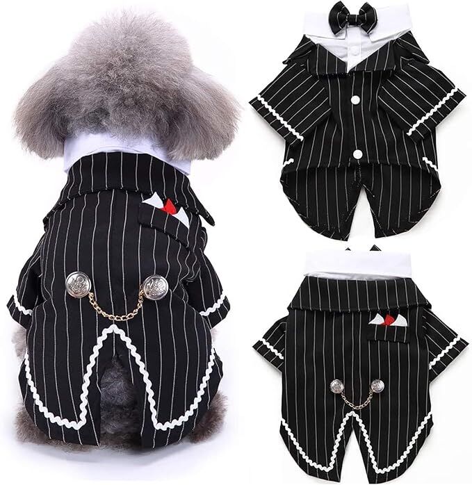 pet products Dog Cat Tuxedo Suit with Bow Tie - Formal Black & White Striped Pet Costume Shirt, Elegant Wedding Outfit Birthday Party Attire for Maltese Dachshund Yorkie Puppies Shih Tzu Small Medium Dogs and cats